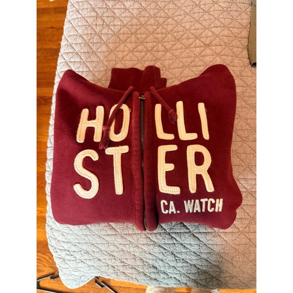 Y2K Hollister Hoodie Burgundy Zip Up Sweater Unisex 2000s Red Sweater Graphic L
